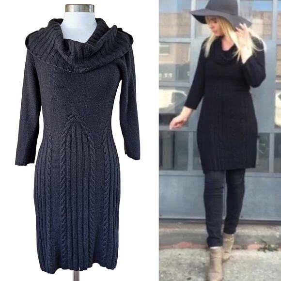 Anthropologie Sleeping on Snow Black Lancet Cowl Neck Sweater Dress Size Large - Picture 1 of 8
